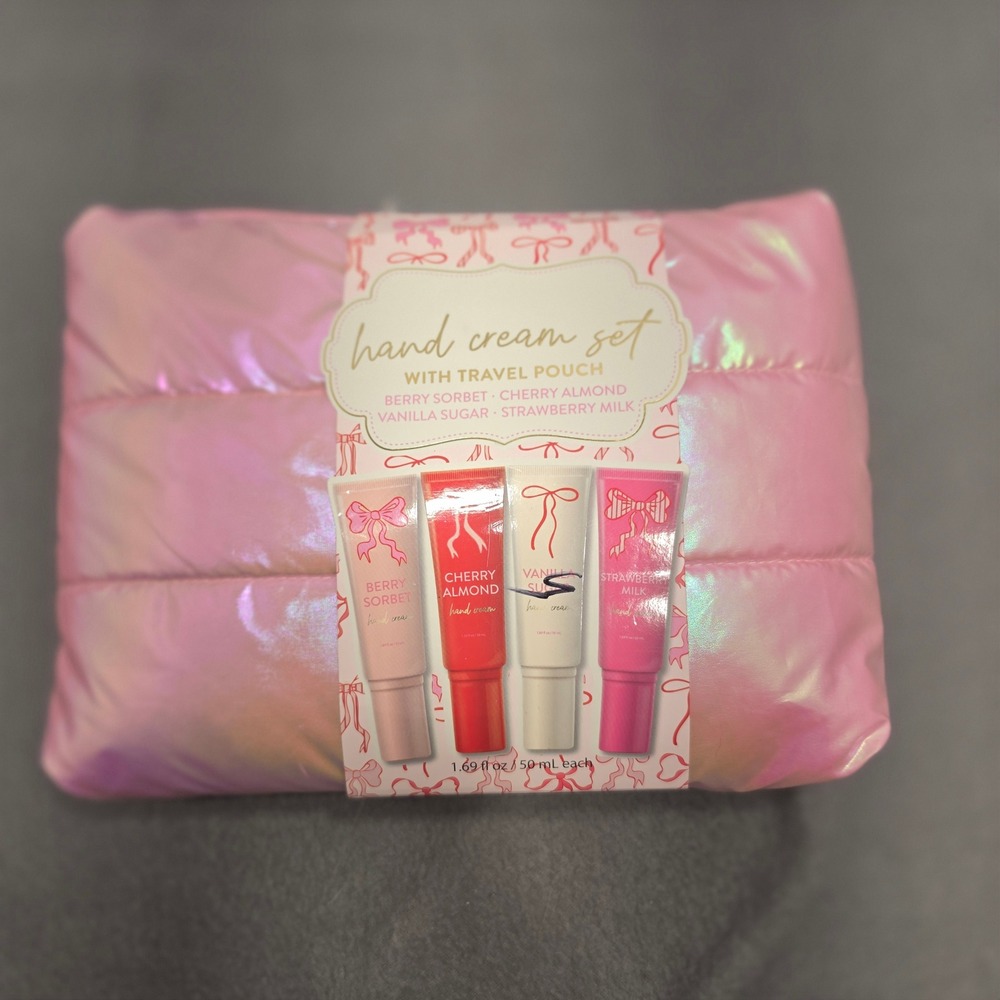 Enchante Hand Cream Set with Pink Iridescent Quilted Travel Pouch 4 Scents NEWL